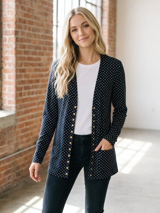 Hawthorne Sweaters - Hawthorne Navy Cardigan with White Polka Dots and Snaps Size L